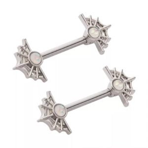 Pierced Owl 14GA 316L Stainless Steel Spider Web with White Glitter Opal Nipple Barbells, Sold as a Pair