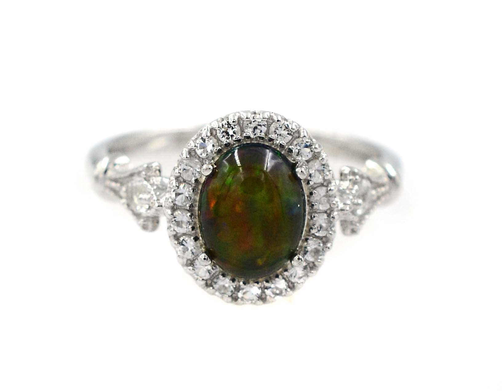 Gemstone 925 Solid Silver 9X7 MM Natural Black Opal Oval October Birthstone Solitaire Unisex Ring For Wedding Gift (Rhodium Plated Silver, 6)