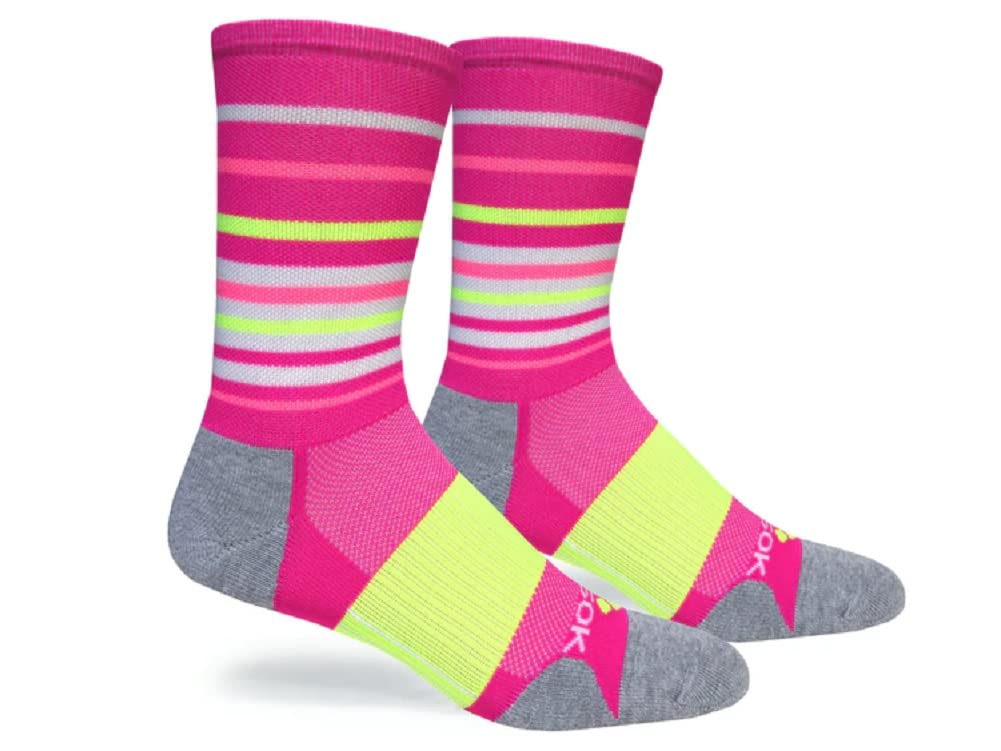 Fitsok Unisex CF2 Hyper-Stripe Crew Running Socks (Medium, Neon Pink/Yellow)