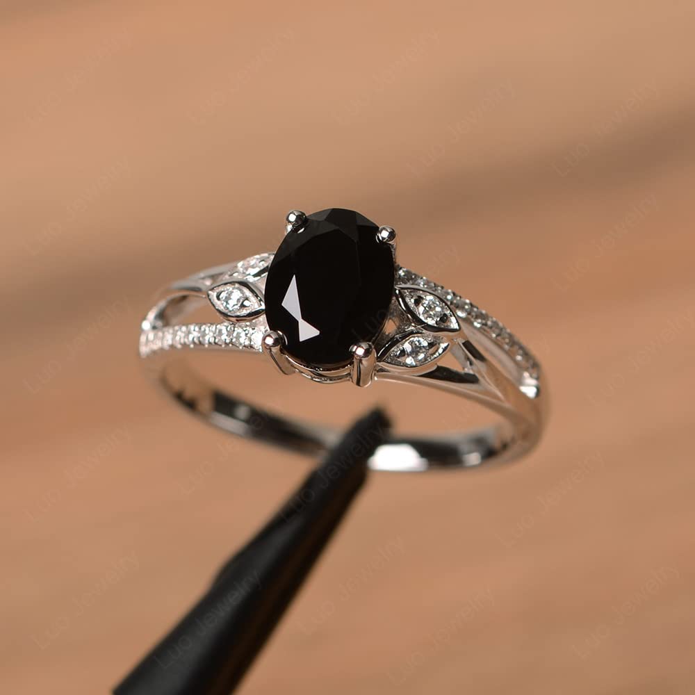 LUO 925 Sterling Silver Oval Shaped 1.45 CT Black Spinel Ring Black Stone Engagement Ring for Women US Size 5.5