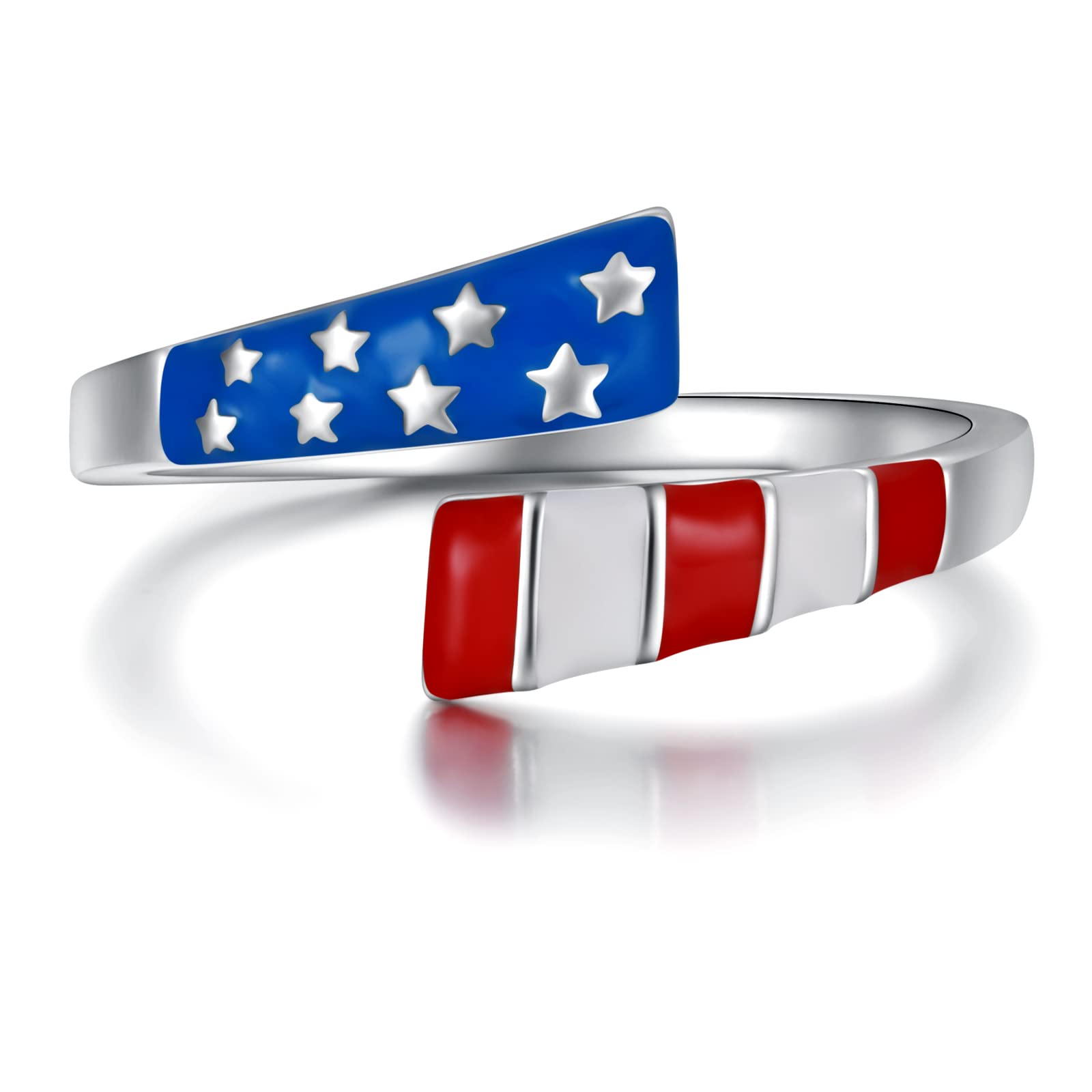 APOTIE Silver USA America Flag Ring - S925 Patriotic Independence Day Star Jewelry 4th of July Gifts for Women (America Flag1)