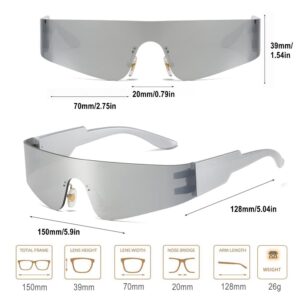 BAWUYI Y2K Futuristic Wrap Around Sunglasses Men Women Visor Cyber Glasses Sports Monoblock Cyclops (Silver Frame-Mirror Silver Lens)