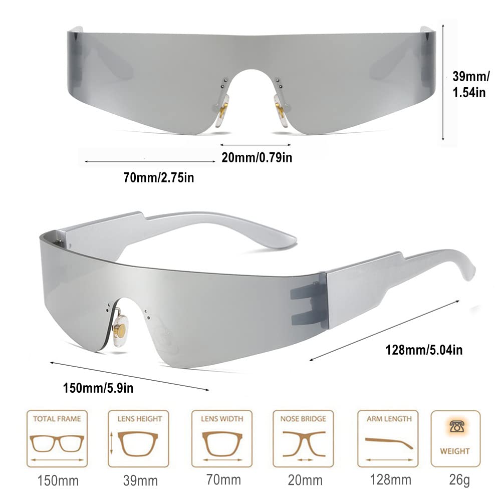 BAWUYI Y2K Futuristic Wrap Around Sunglasses Men Women Visor Cyber Glasses Sports Monoblock Cyclops (Silver Frame-Mirror Silver Lens)