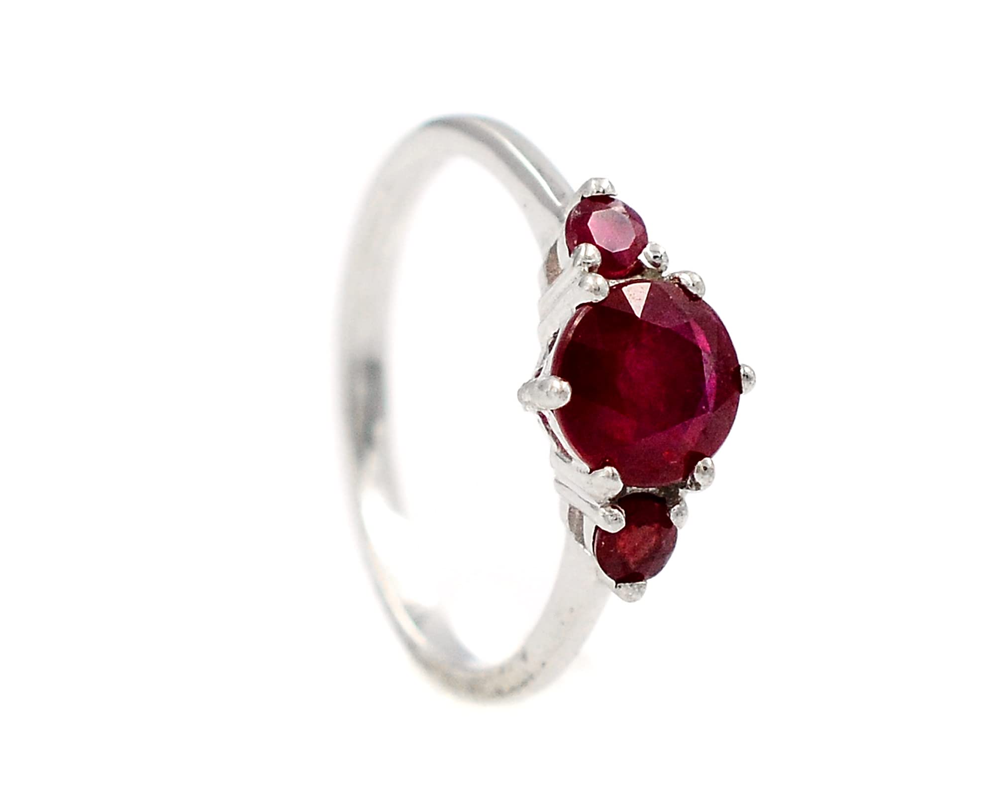 925 Sterling Silver Natural Red Ruby Gemstone 7 MM Round Cut July Birthstone Three Stone Cluster Unisex Ring For Birthday Gift (Rhodium Plated Silver, 6)