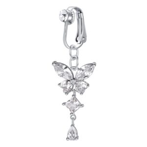 QWALIT Fake Belly Ring Fake Belly Piercing Fake Belly Button Ring Piercing Clip on Belly Button Rings Butterfly Heart Silver