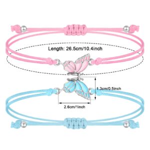 MJartoria BFF Bracelets for 2-Butterfly Matching Bracelets Adjustable Strand Best Friends Bracelet Handmade Charm Friendship Bracelets Jewelry Gifts for Women Couples (Blue+Pink-Silver)