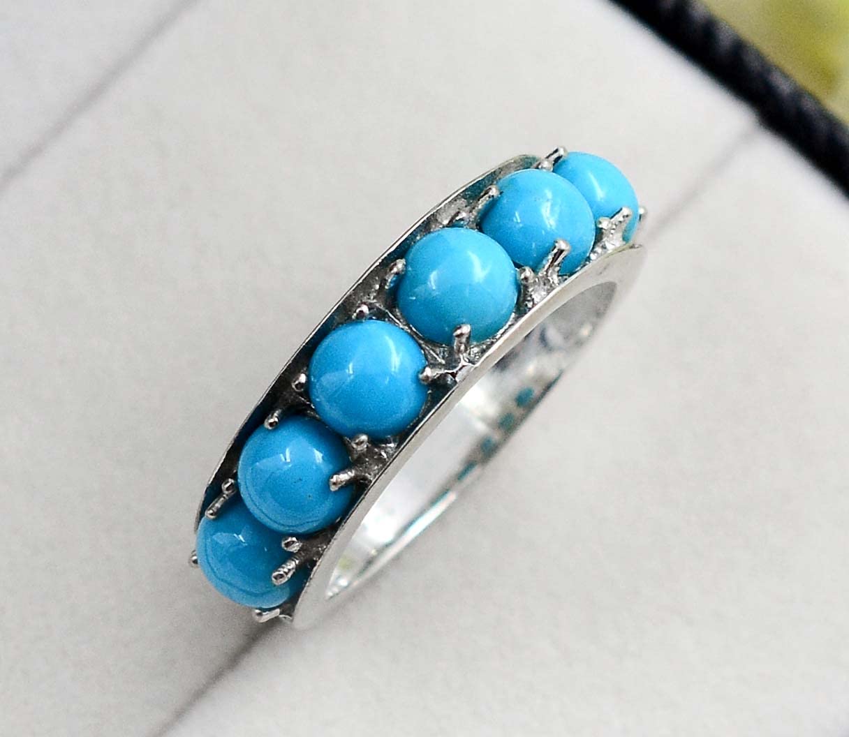 5 MM Round Cabochon Natural Sleeping Beauty Turquoise Gemstone 925 Sterling Silver December Birthstone Cluster Unisex Proposal Ring For Girlfriend Gift (Rhodium Plated Silver, 9.5)