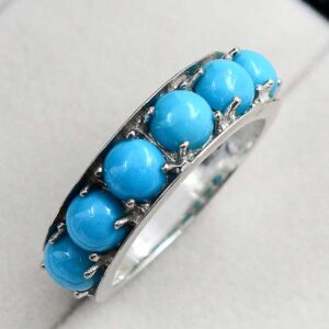 5 MM Round Cabochon Natural Sleeping Beauty Turquoise Gemstone 925 Sterling Silver December Birthstone Cluster Unisex Proposal Ring For Girlfriend Gift (Rhodium Plated Silver, 9.5)