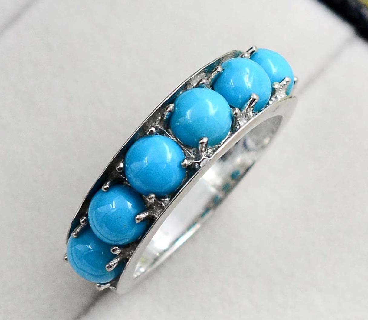 5 MM Round Cabochon Natural Sleeping Beauty Turquoise Gemstone 925 Sterling Silver December Birthstone Cluster Unisex Proposal Ring For Girlfriend Gift (Rhodium Plated Silver, 9.5)