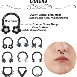 NICEIGHT 9PCS 16G Sugical Steel Horseshoe Septum Rings for Women Cartilage Hoop Helix Tragus Daith Piercing Bee Sunflower Body Jewelry B