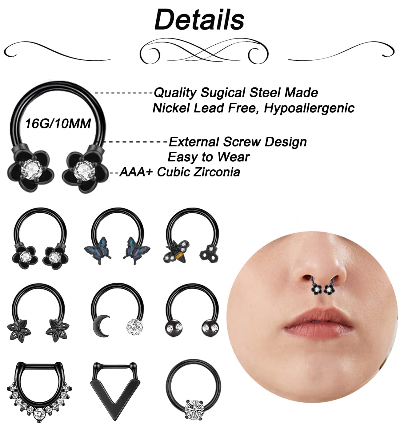 NICEIGHT 9PCS 16G Sugical Steel Horseshoe Septum Rings for Women Cartilage Hoop Helix Tragus Daith Piercing Bee Sunflower Body Jewelry B