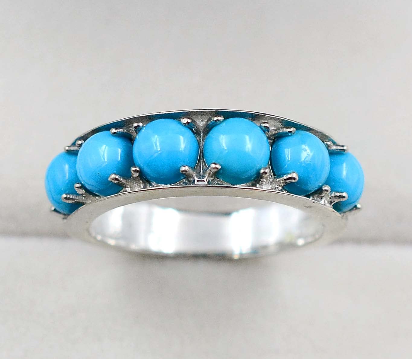 5 MM Round Cabochon Natural Sleeping Beauty Turquoise Gemstone 925 Sterling Silver December Birthstone Cluster Unisex Proposal Ring For Girlfriend Gift (Rhodium Plated Silver, 9.5)