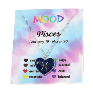 12 Constellation Sign Heart-shaped Pendant Necklace with Card Adjustable Chain Enamel Zodiac Thermochromic Necklace for Women Men Color Changing Mood Astrology Horoscope Jewelry-L Pisces