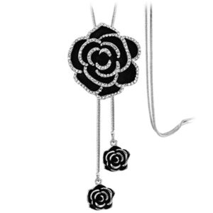 MXHUA Rhinestones Rose Flower Necklace for women Long Sweater Chain