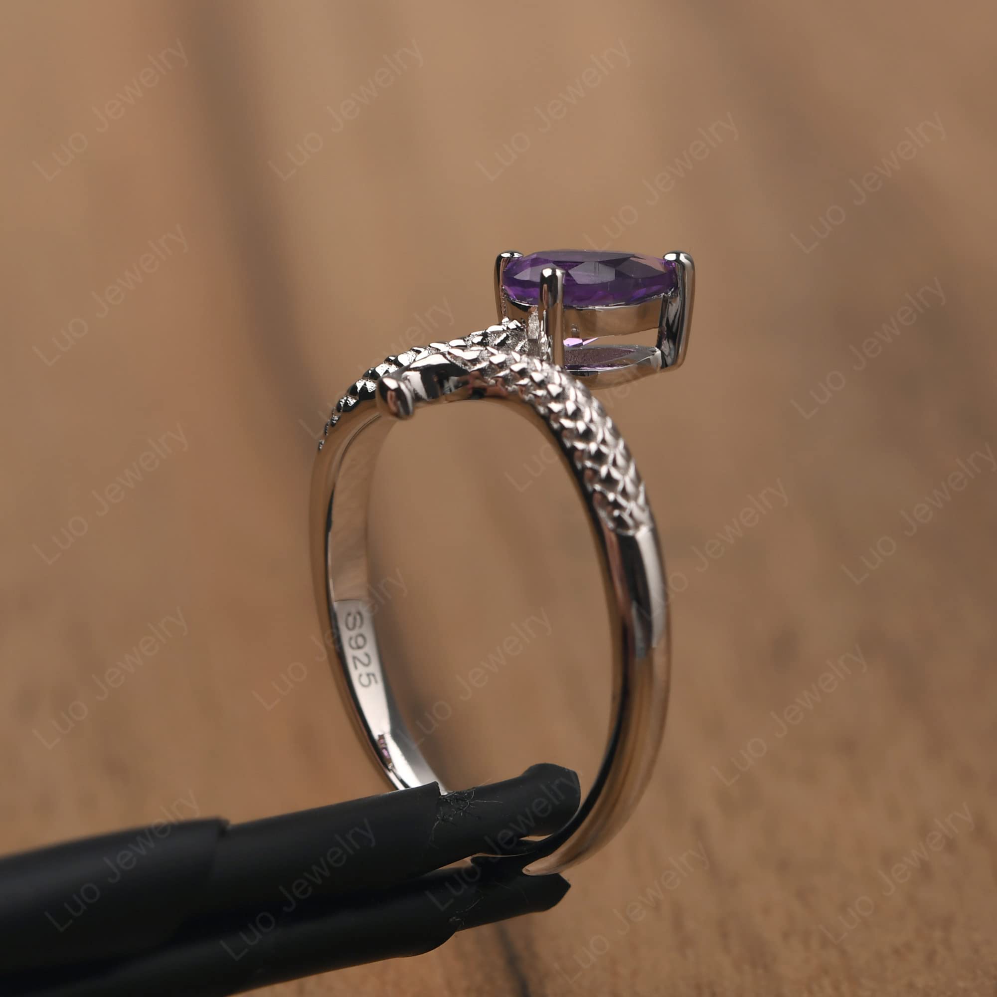 LUO S925 Sterling Silver Snake Ring Pear Shaped 7X5 MM Amethyst Ring Retro Animal Ring for Women US Size 4