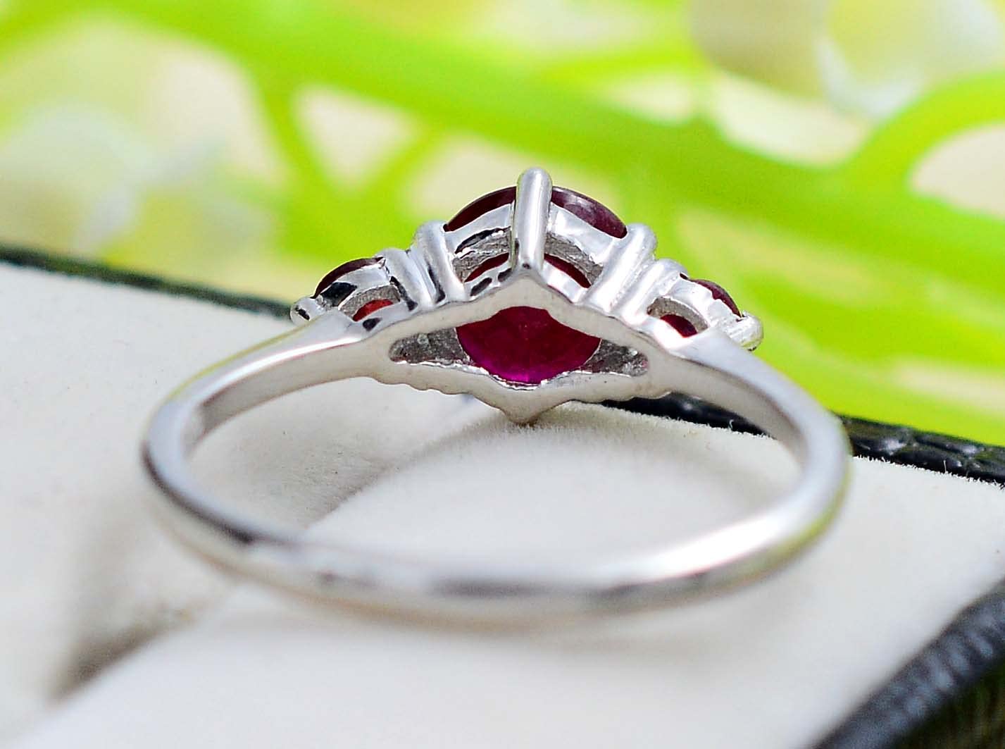 925 Sterling Silver Natural Red Ruby Gemstone 7 MM Round Cut July Birthstone Three Stone Cluster Unisex Ring For Birthday Gift (Rhodium Plated Silver, 6)