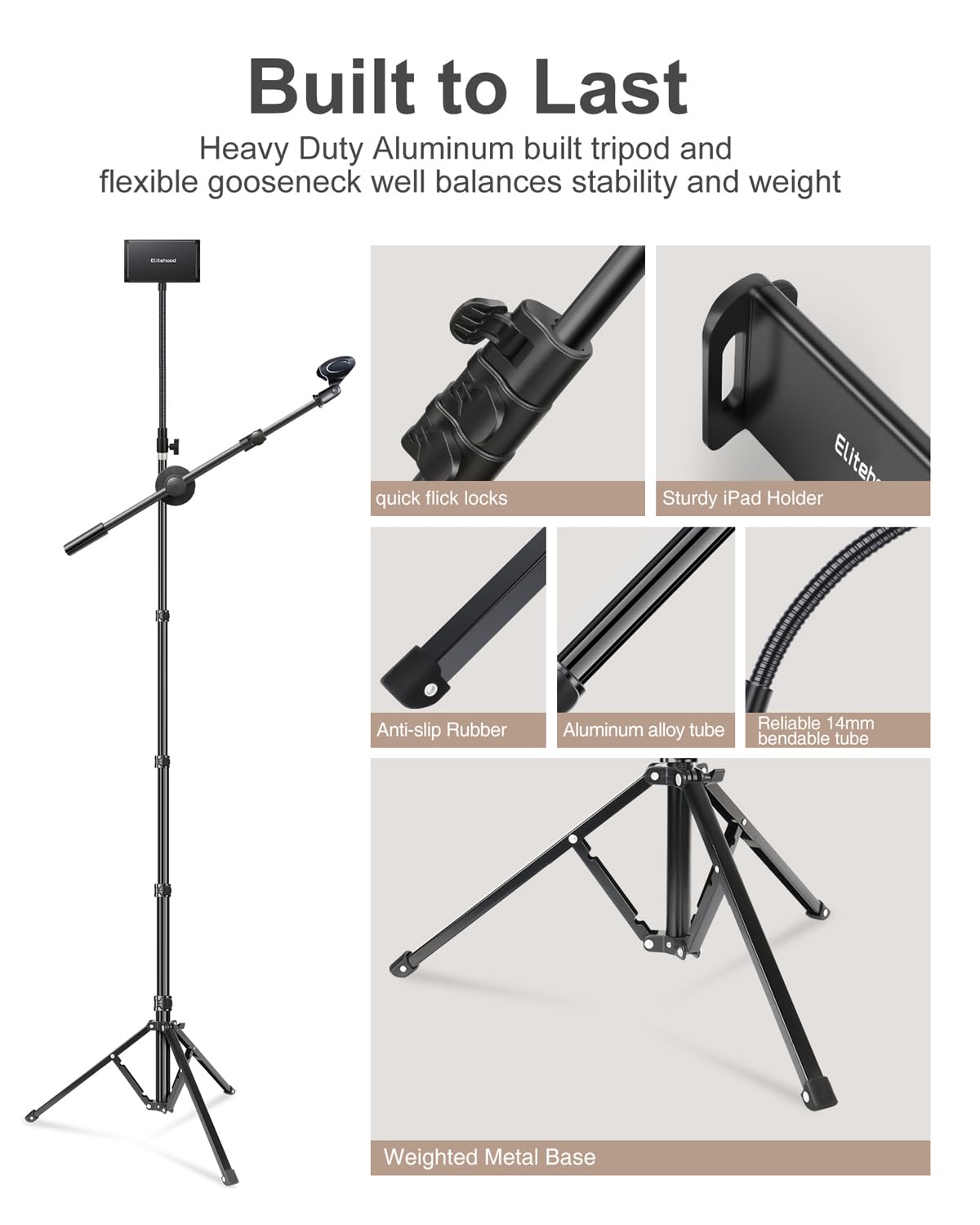 elitehood iPad Stand & Boom Mic Stand, Height Adjustable iPad Microphone Holder Stand, Tablet Microphone Tripod Stand for Singing, Compatible with iPad Pro Air Mini and 4-12.9’’ Phones & Tablets