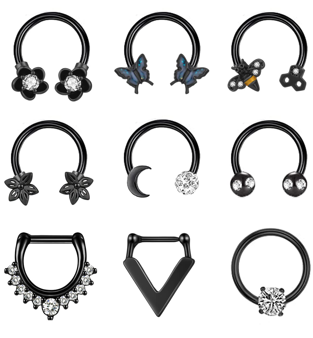 NICEIGHT 9PCS 16G Sugical Steel Horseshoe Septum Rings for Women Cartilage Hoop Helix Tragus Daith Piercing Bee Sunflower Body Jewelry B