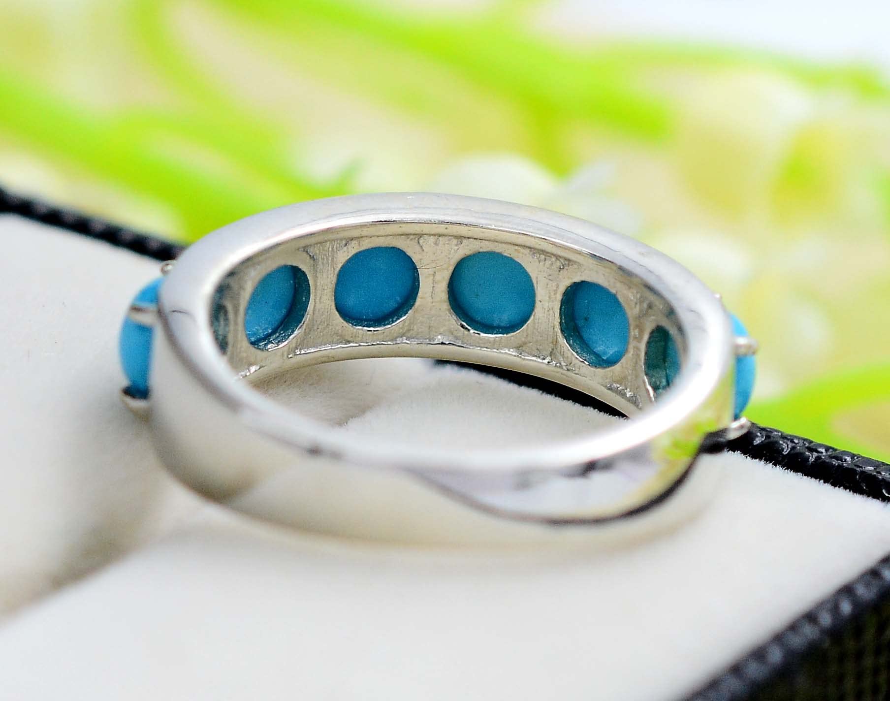 5 MM Round Cabochon Natural Sleeping Beauty Turquoise Gemstone 925 Sterling Silver December Birthstone Cluster Unisex Proposal Ring For Girlfriend Gift (Rhodium Plated Silver, 9.5)