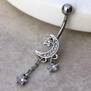 Pierced Owl 14GA 316L Stainless Steel Moon and Stars Dangling Belly Button Ring