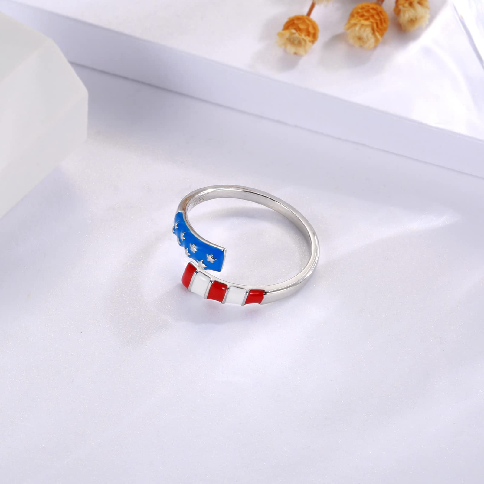 APOTIE Silver USA America Flag Ring - S925 Patriotic Independence Day Star Jewelry 4th of July Gifts for Women (America Flag1)