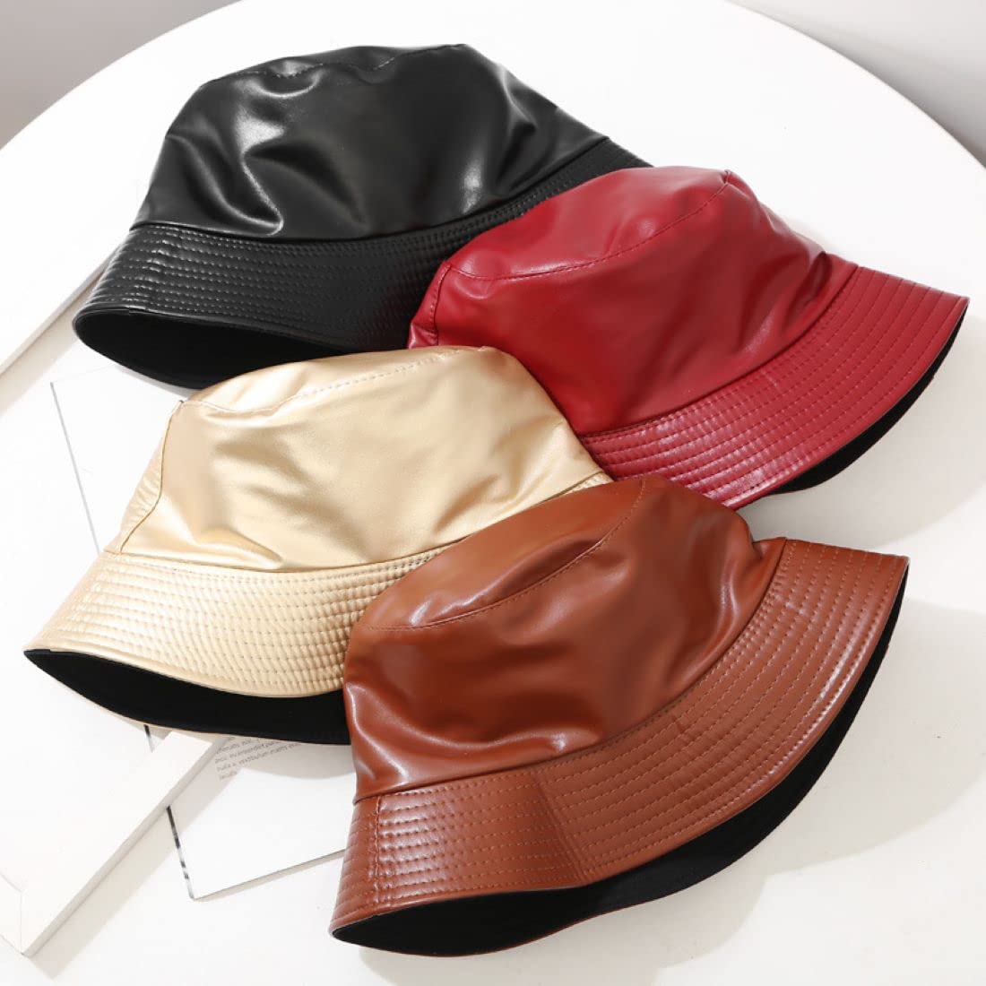 Unisex Retro Fashion PU Leather Bucket Hat Reversible Solid Trendy Sun Hat for Men Women