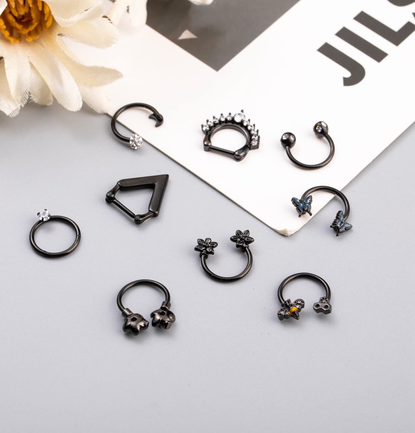 NICEIGHT 9PCS 16G Sugical Steel Horseshoe Septum Rings for Women Cartilage Hoop Helix Tragus Daith Piercing Bee Sunflower Body Jewelry B