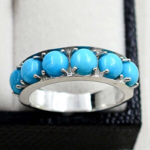 5 MM Round Cabochon Natural Sleeping Beauty Turquoise Gemstone 925 Sterling Silver December Birthstone Cluster Unisex Proposal Ring For Girlfriend Gift (Rhodium Plated Silver, 9.5)