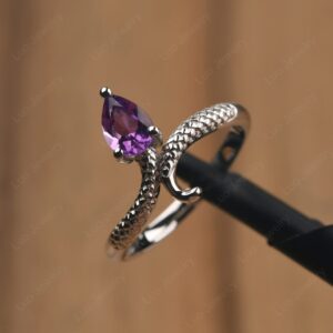 LUO S925 Sterling Silver Snake Ring Pear Shaped 7X5 MM Amethyst Ring Retro Animal Ring for Women US Size 4