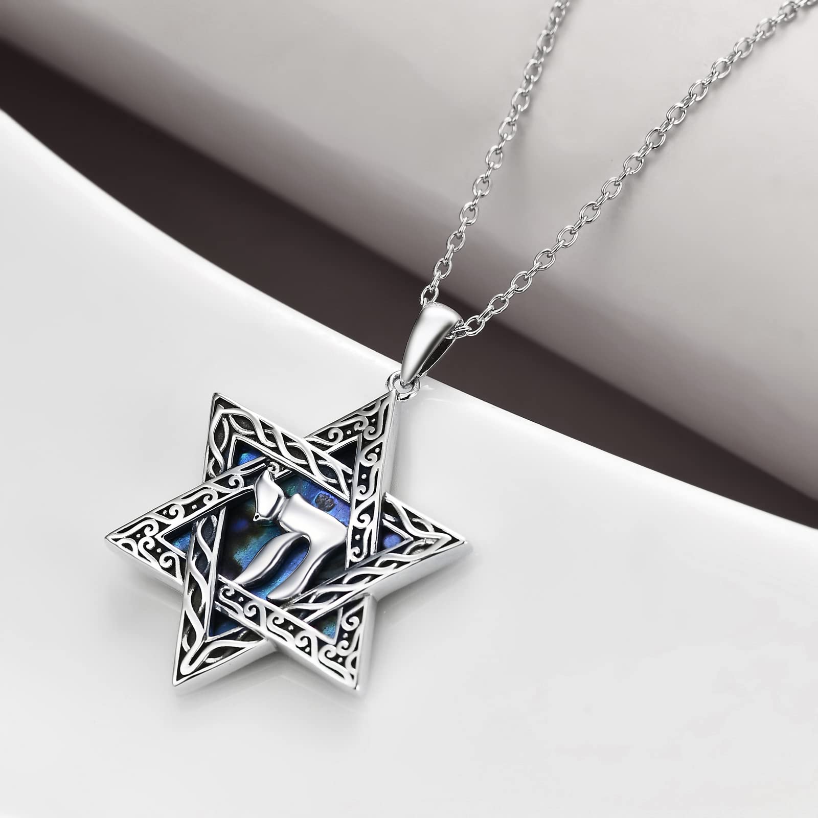 CRMAD Star of David Jewish Necklace for Women Men Sterling Silver Chai Abalone Shell Pendant Jewish Jewelry