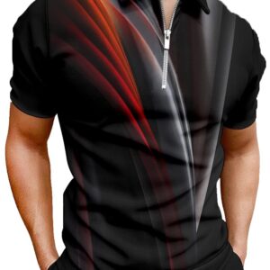 Hodaweisolp Men's Short Sleeve Zipper Casual Slim Fit Printed Golf Polo Shirt Tops Black Gradient-L