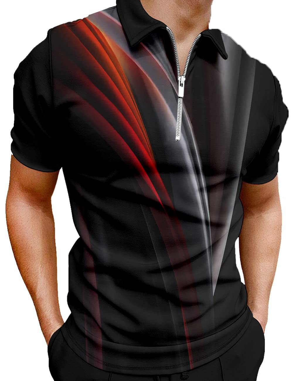 Hodaweisolp Men's Short Sleeve Zipper Casual Slim Fit Printed Golf Polo Shirt Tops Black Gradient-L