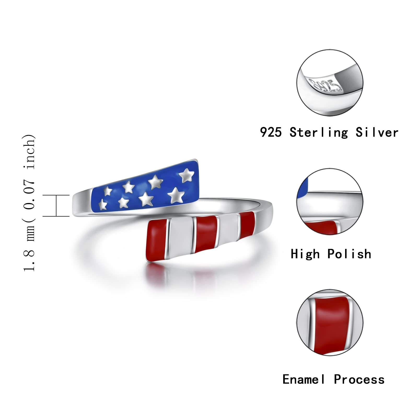 APOTIE Silver USA America Flag Ring - S925 Patriotic Independence Day Star Jewelry 4th of July Gifts for Women (America Flag1)