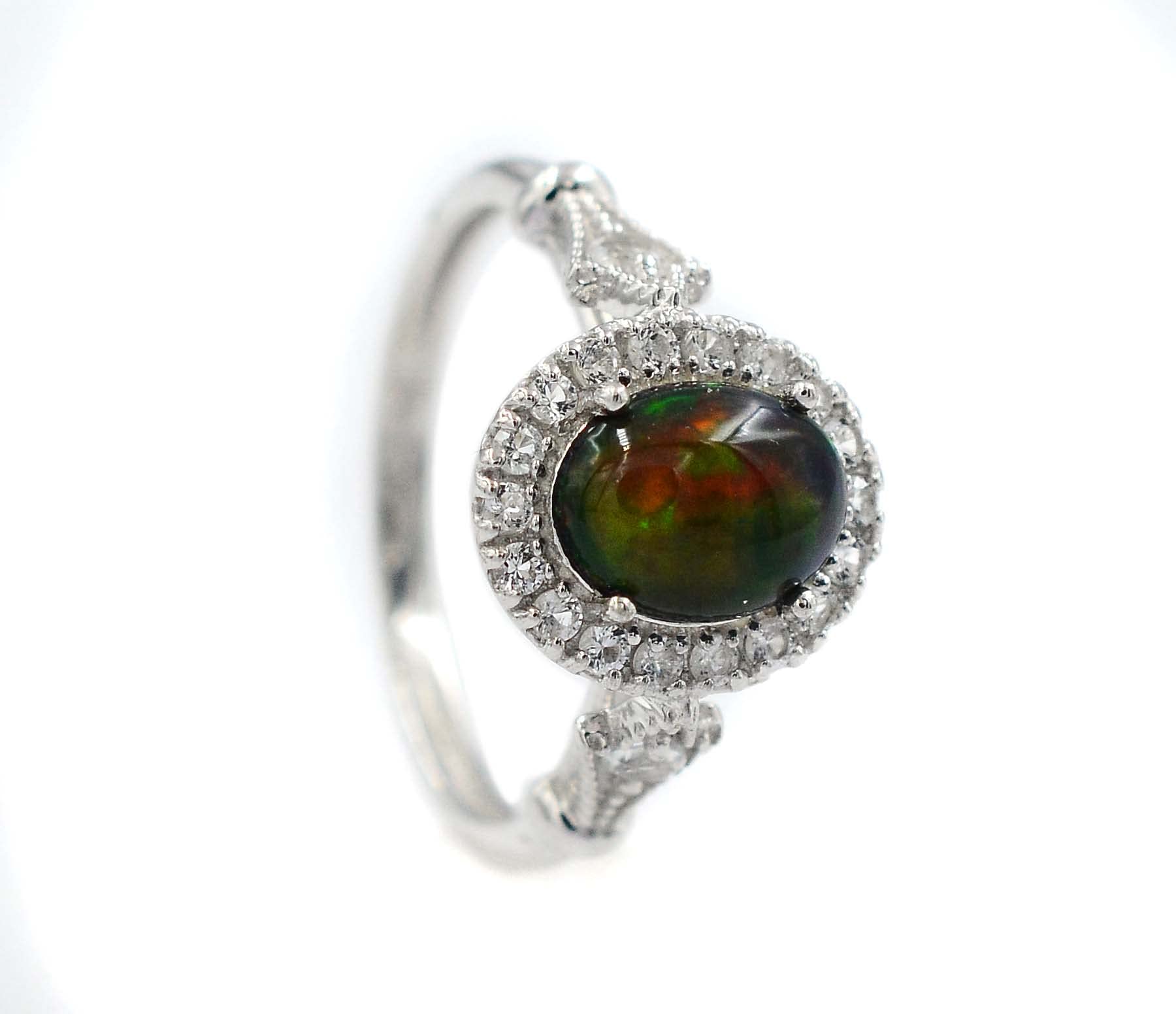 Gemstone 925 Solid Silver 9X7 MM Natural Black Opal Oval October Birthstone Solitaire Unisex Ring For Wedding Gift (Rhodium Plated Silver, 6)