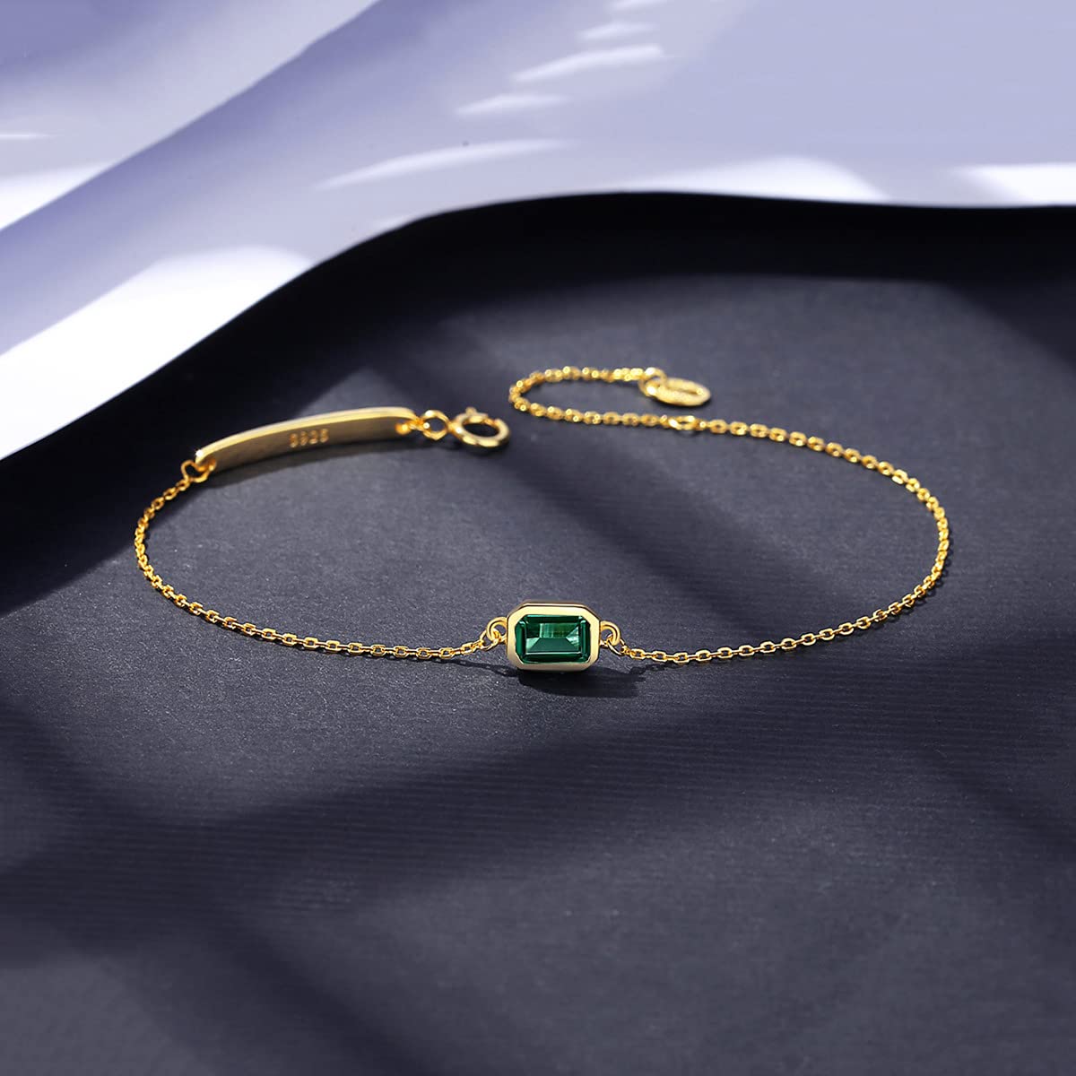 SENCLE S925 Sterling Silver with 14K Yellow Gold Plated Simulated Emerald Green Gemstone Adjustable Bracelet for Women