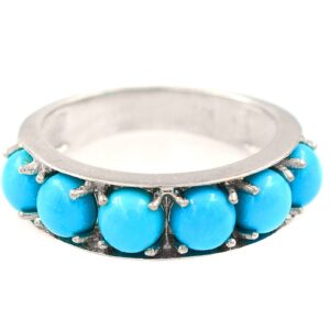 5 MM Round Cabochon Natural Sleeping Beauty Turquoise Gemstone 925 Sterling Silver December Birthstone Cluster Unisex Proposal Ring For Girlfriend Gift (Rhodium Plated Silver, 9.5)