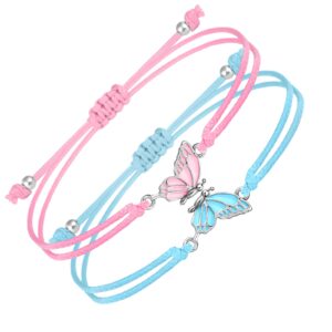 MJartoria BFF Bracelets for 2-Butterfly Matching Bracelets Adjustable Strand Best Friends Bracelet Handmade Charm Friendship Bracelets Jewelry Gifts for Women Couples (Blue+Pink-Silver)