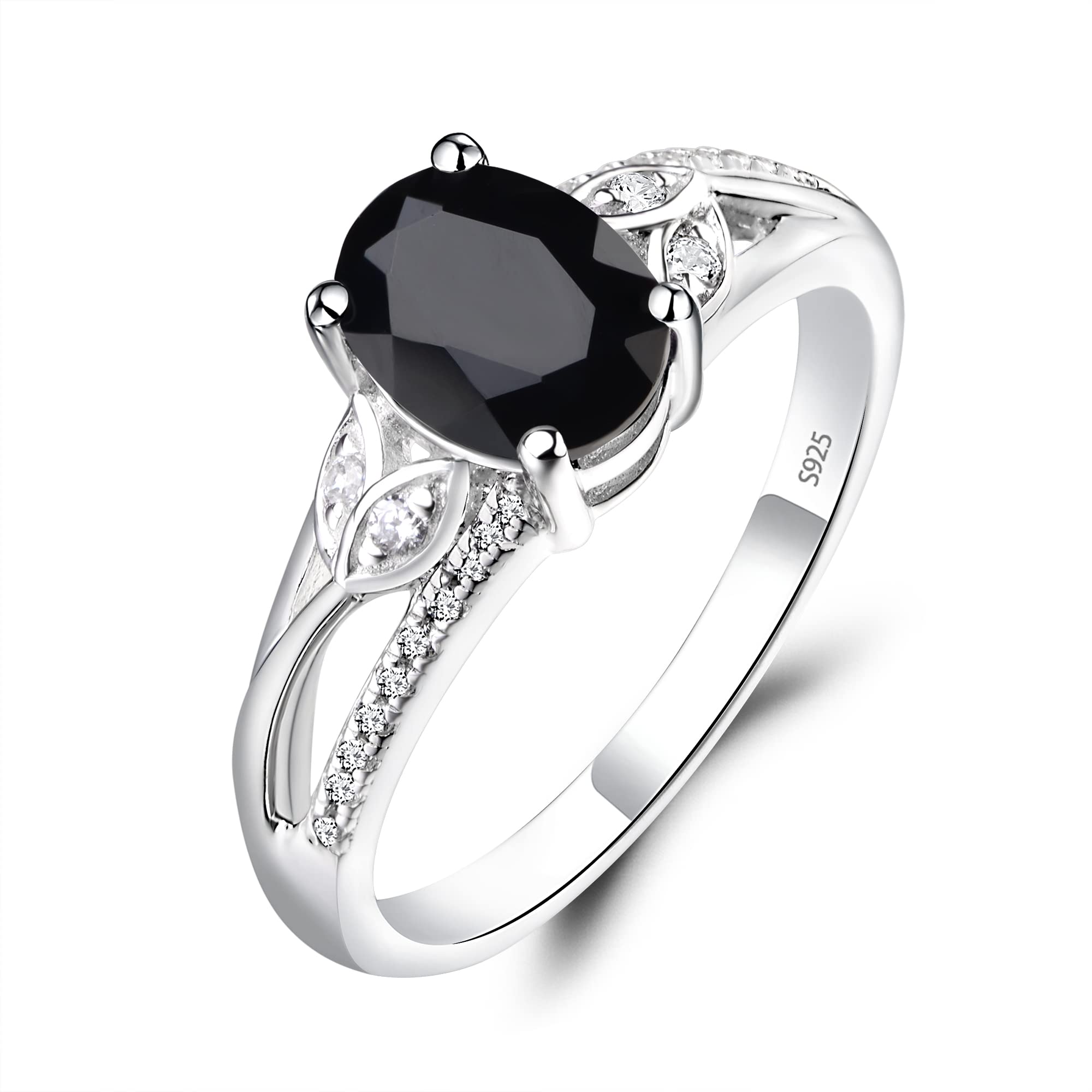 LUO 925 Sterling Silver Oval Shaped 1.45 CT Black Spinel Ring Black Stone Engagement Ring for Women US Size 5.5