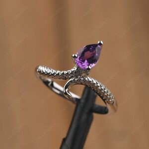 LUO S925 Sterling Silver Snake Ring Pear Shaped 7X5 MM Amethyst Ring Retro Animal Ring for Women US Size 4