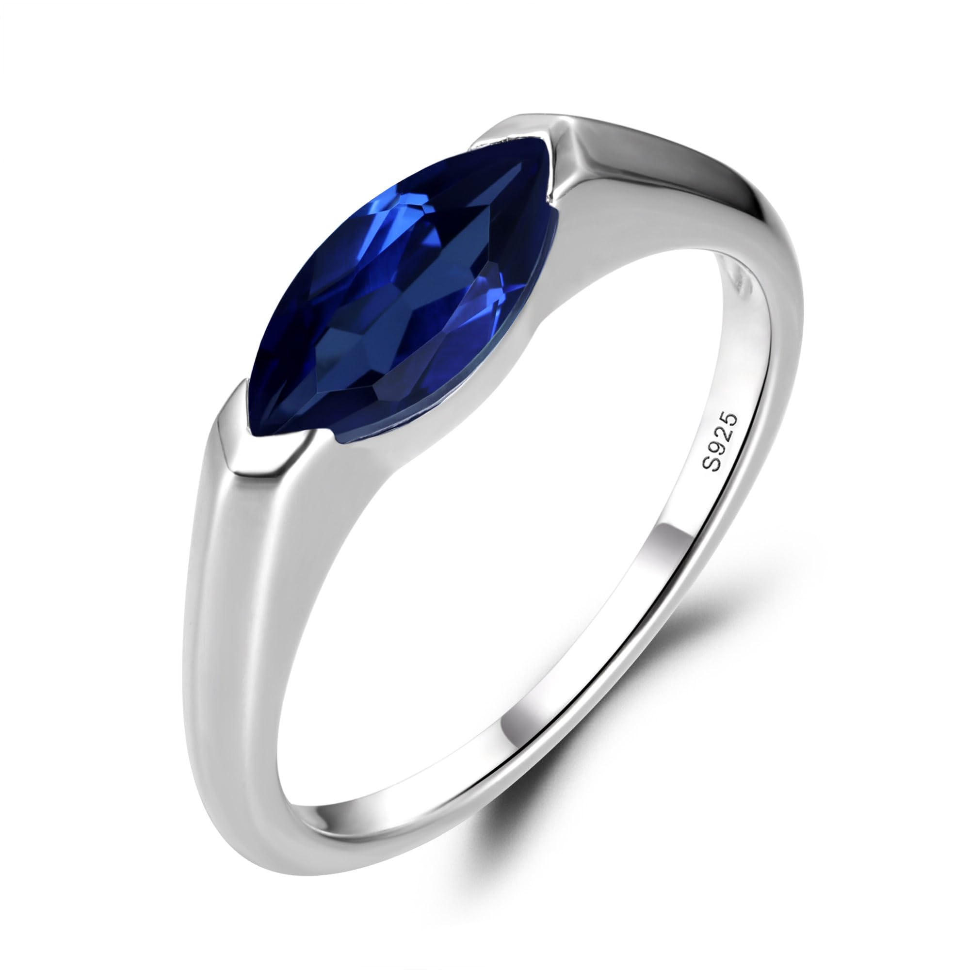 LUO 925 Sterling Silver Marquise Cut 1.34 Carat Created Sapphire Ring East West Simple Promise Ring September Birthstone Ring for Women US Size 6.5