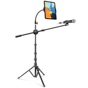 elitehood ipad stand & boom mic stand, height adjustable ipad microphone holder stand, tablet microphone tripod stand for singing, compatible with ipad pro air mini and 4-12.9’’ phones & tablets