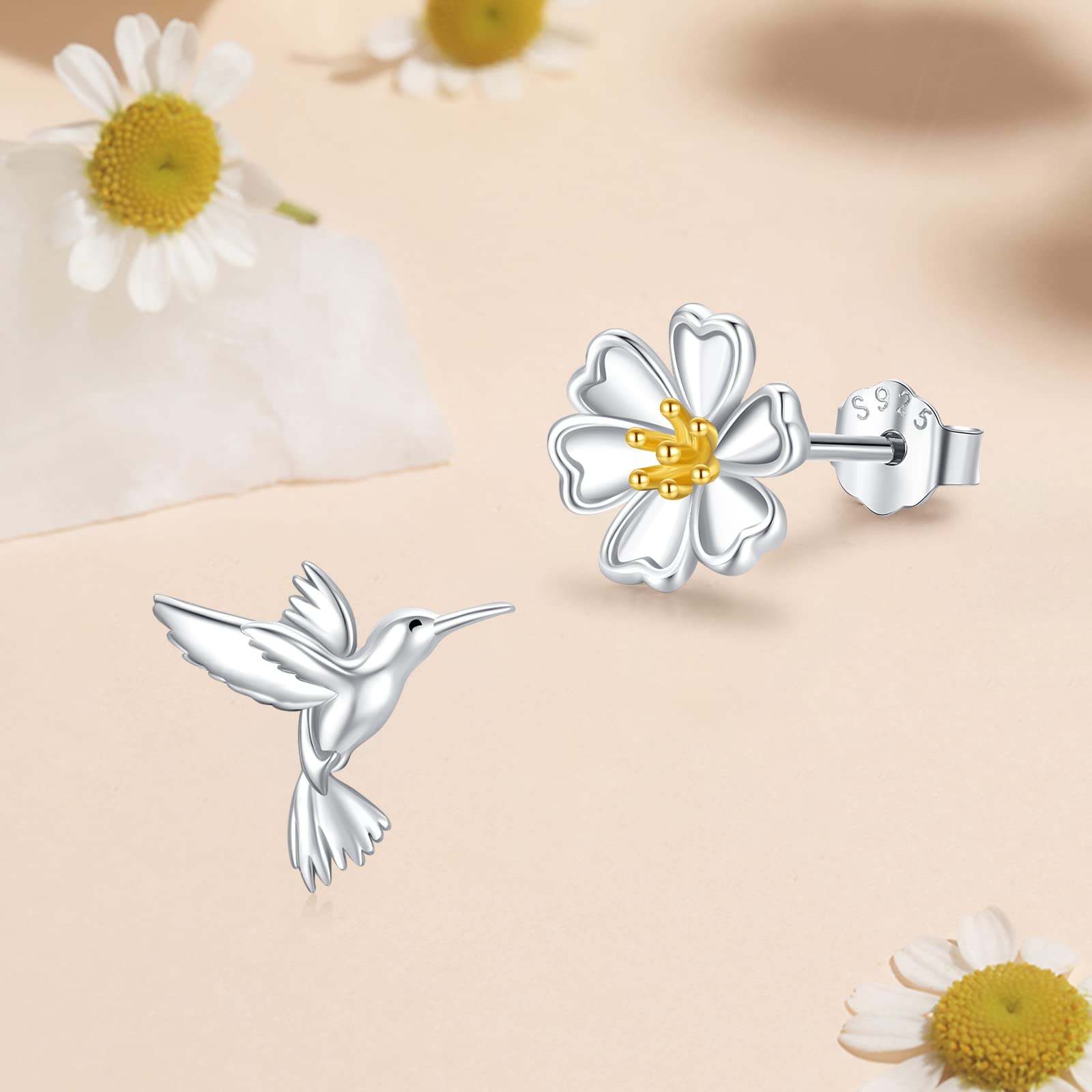 OHAYOO Hummingbird Daisy Earrings Hypoallergenic 925 Sterling Silver Animal Bird Asymmetrical Stud Earrings Hummingbird Daisy Jewelry Gift For Women