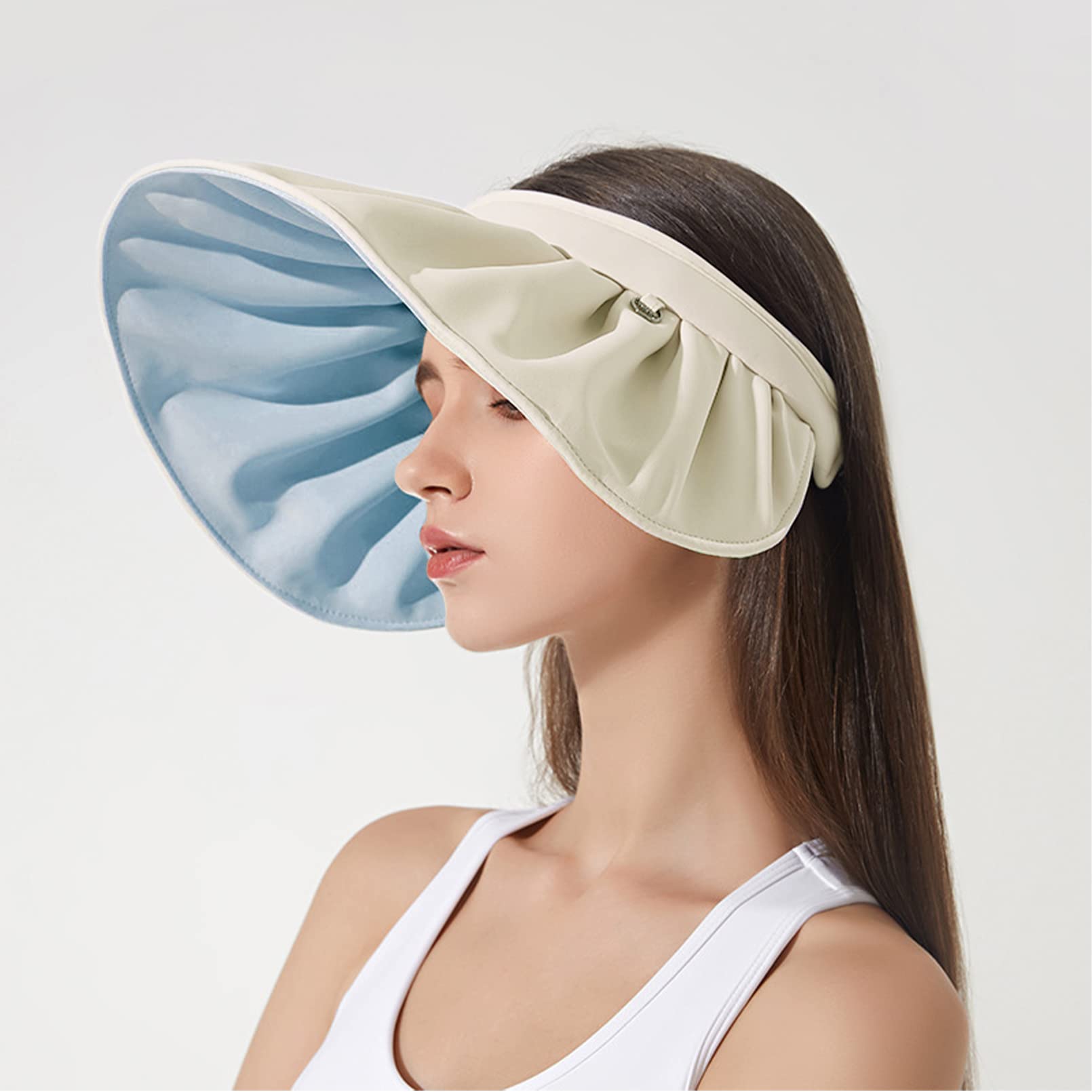 RainFlowwer Visors for Women, Clip On Foldable Wide Brim Womens Golf Cap,Cream White Roll-up Headband Blue Sun Hat with UV Protection