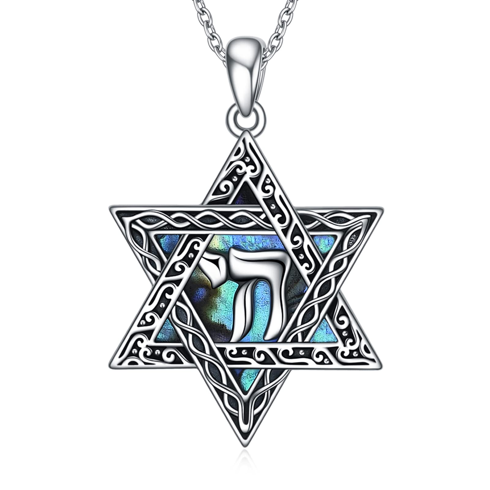 CRMAD Star of David Jewish Necklace for Women Men Sterling Silver Chai Abalone Shell Pendant Jewish Jewelry