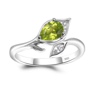 LUO S925 Sterling Silver Pear Shaped 0.82 Carat Peridot Ring Leaf Promise Ring August Birthstone Ring for Women Mother's Day Gifts US Size 7