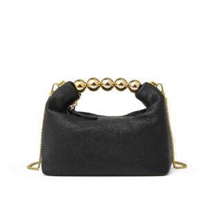 DORIS&JACKY Small Top Handle Clutch Bag Women Designer Goatskin Crossbody Purse With Pearl Handle And Detachable Metal Chain (Black)