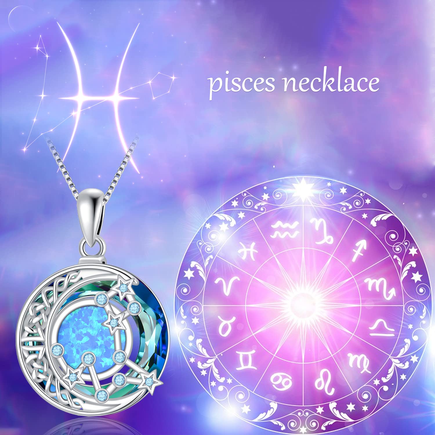 TOUPOP Pisces Necklaces for Women White Gold S925 Sterling Silver Zodiac Constellation Pendant Necklace with Aquamarine March Birthstone Pisces Zodiac Sign Birthday Jewelry for Wife Girlfriend