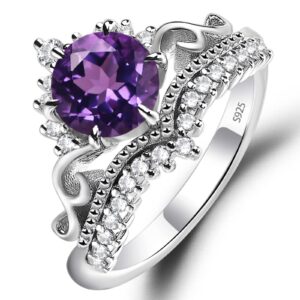 luo 925 sterling silver round 7 mm amethyst ring princess crown tiara engagement ring for women us size 13