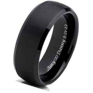 Personalized Black Brushed Men's Tungsten, Custom Engraved Ring, Black Wedding Band, Fiancé Engagement Ring, 8mm Men's Ring- Made in USA