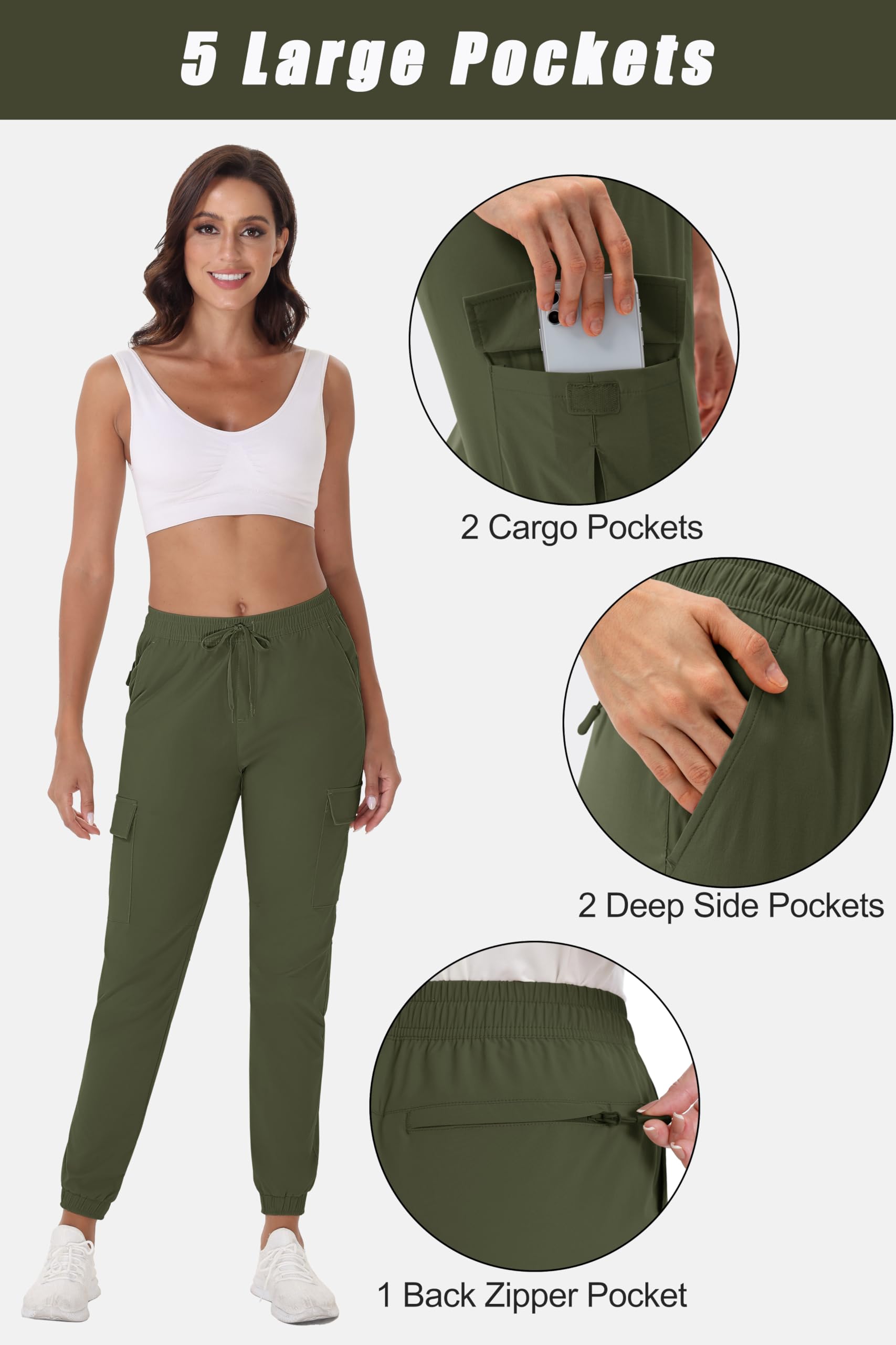 MAGCOMSEN Hiking Pants Women Waterproof Lightweight Quick Dry Cargo Pants Outdoor Casual Travel Joggers Army Green, M